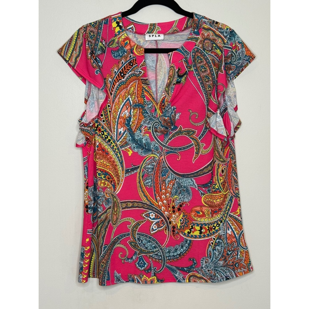 SPLA Hot Pink Paisley Flutter Sleeve V-Neck Top Medium Boho Blouse SPT5049B